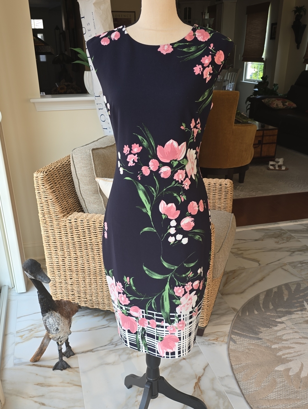 Vince Camuto Navy Midi Sheath Dress with Pink Floral Print